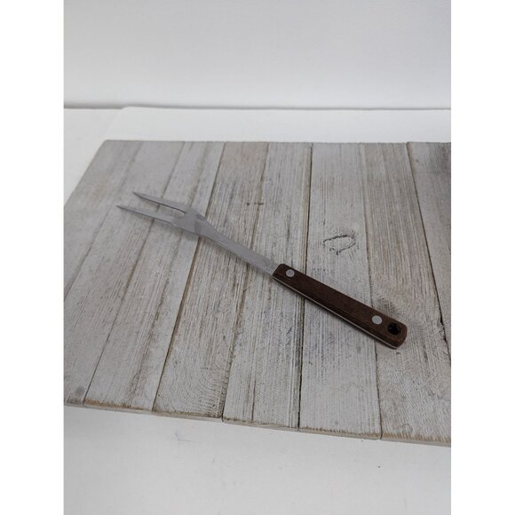 Vintage Pyramid #2 Stainless Steel 11 3/4" Meat Fork Red Brown Handle - Picture 4 of 7